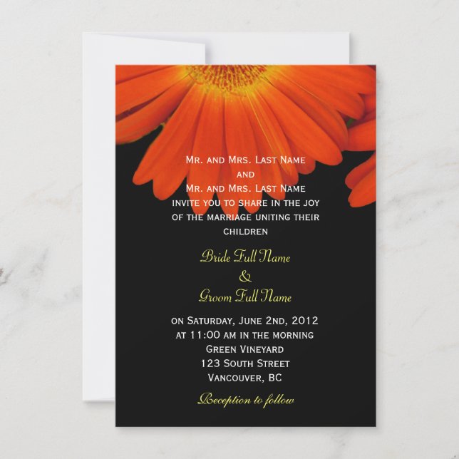 Elegant orange gerbera daisy flowers wedding invitation (Front)