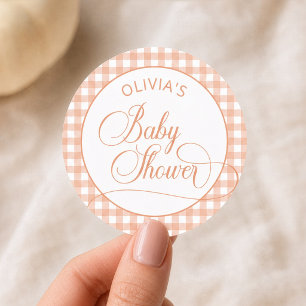 Elegant Orange Gingham Baby Shower Classic Round Sticker