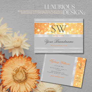Elegant Orange Glitter Monogram Grey Silver Border Business Card