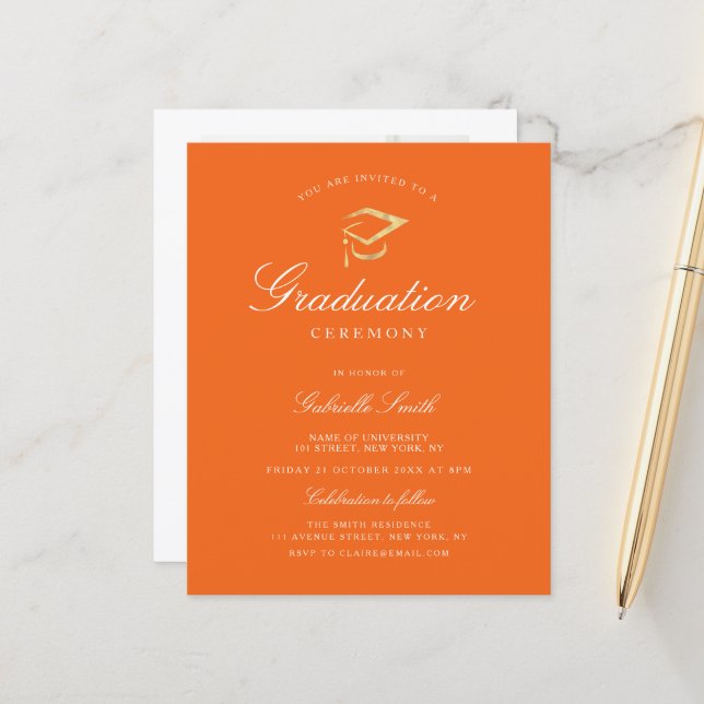 Elegant orange graduation ceremony invitation (Front/Back In Situ)