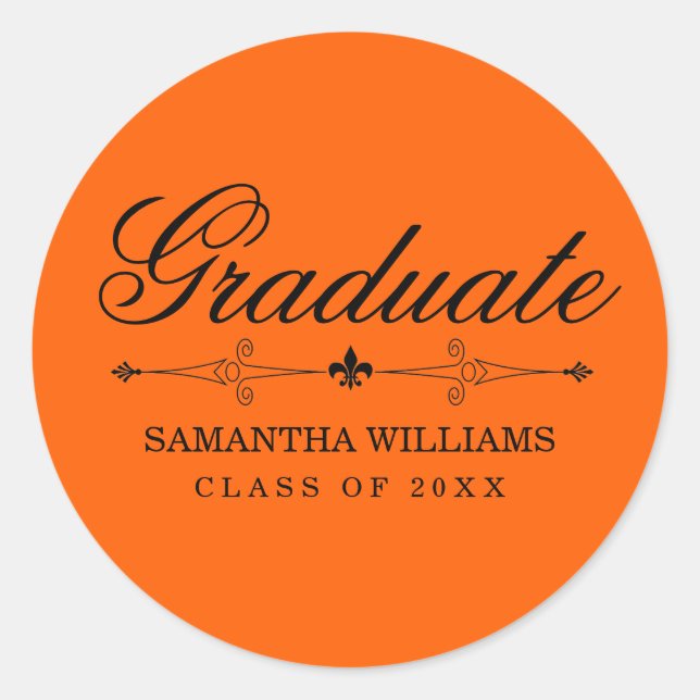 Elegant Orange Graduation Sticker with Black Text (Front)