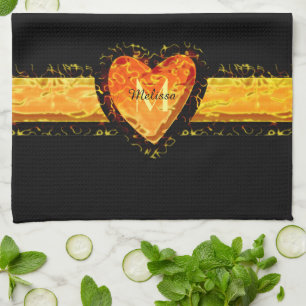 Elegant Orange Heart Valentine day Black Monogram Tea Towel