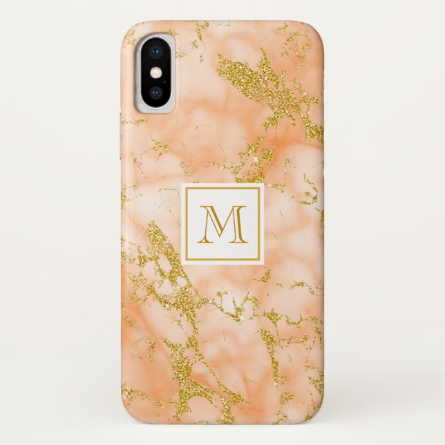 Elegant Orange Marble Monogram Faux Gold Glitter Case-Mate iPhone Case (Back)