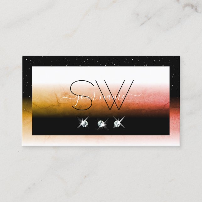 Elegant Orange Marbled Black White Monogram Jewels Business Card (Front)