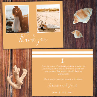 Elegant Orange Nautical Anchor Wedding Photo Thank You Card