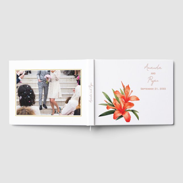 Elegant Orange Oleander Floral Wedding Photo Guest Book (Full)