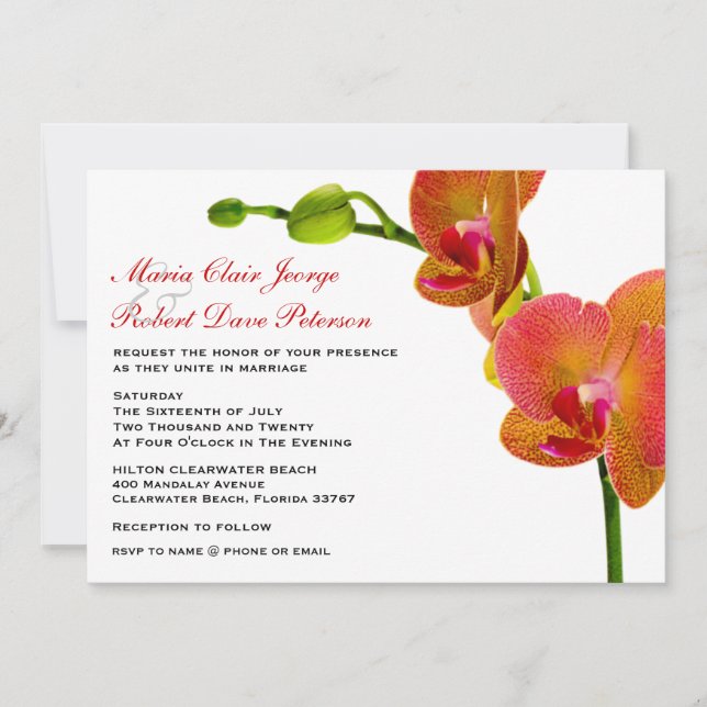 Elegant Orange Orchids Tropical Beach Wedding Invitation (Front)