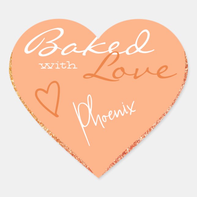Elegant Orange Peach Glitter Baked with Love Heart Sticker (Front)
