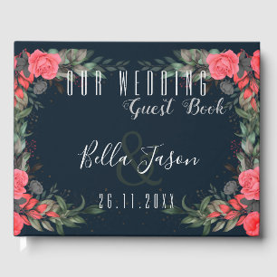 Elegant Orange Peach Grey Floral Script Wedding Guest Book