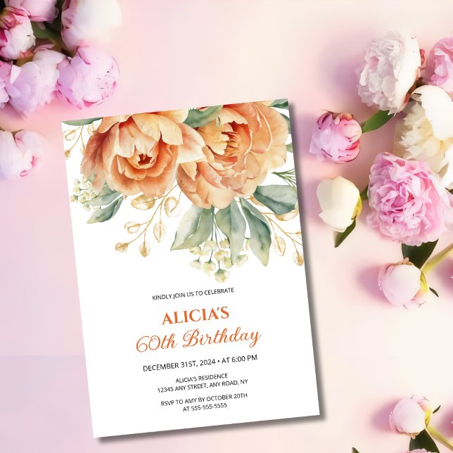Elegant Orange Peony Gold Leaf Greenery Birthday  Invitation (Creator Uploaded)