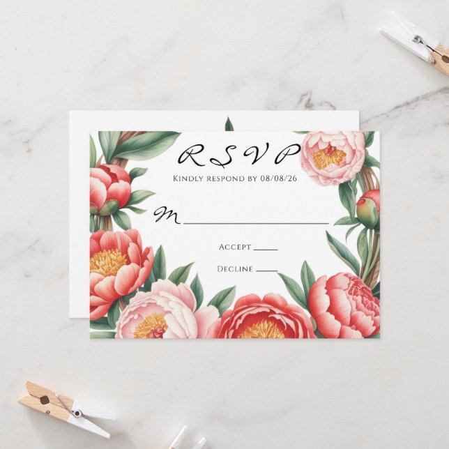 Elegant Orange Peony Paint Wedding RSVP Invitation (Front/Back In Situ)