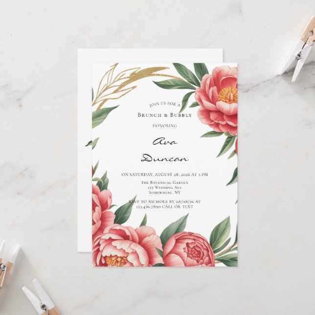 Elegant Orange Peony Painted Bridal Shower Invitation (Front/Back In Situ)