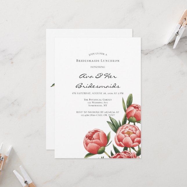Elegant Orange Peony Painted Bridesmaids Luncheon Invitation (Front/Back In Situ)