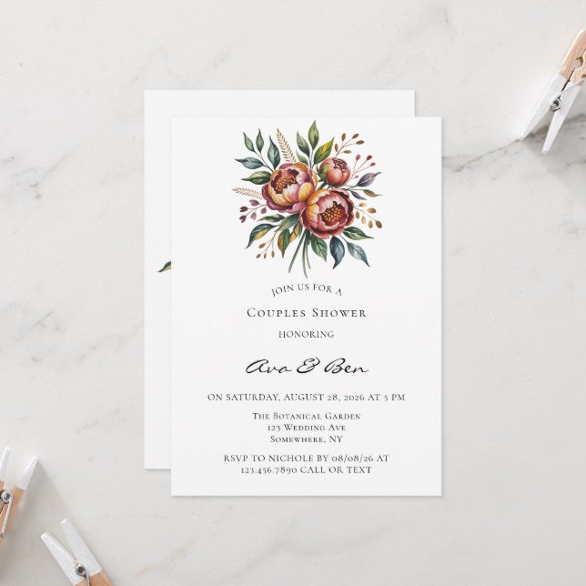 Elegant Orange Peony Watercolor Wedding Shower Invitation (Front/Back In Situ)