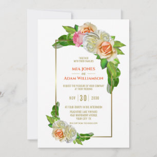 Elegant Orange Pink Rose Floral Wedding Invitation