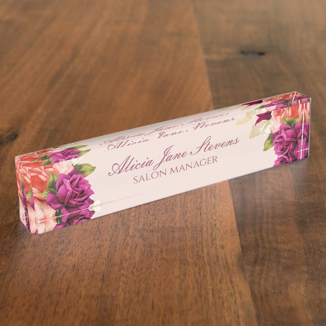 Elegant orange pink roses bouquets salon manager nameplate (Side)