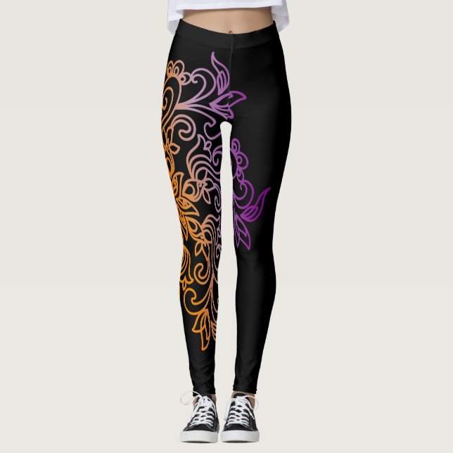 Elegant orange purple gradient Mandala Leggings (Front)