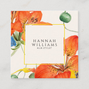 Elegant Orange QR Code Watercolor Floral Square Business Card
