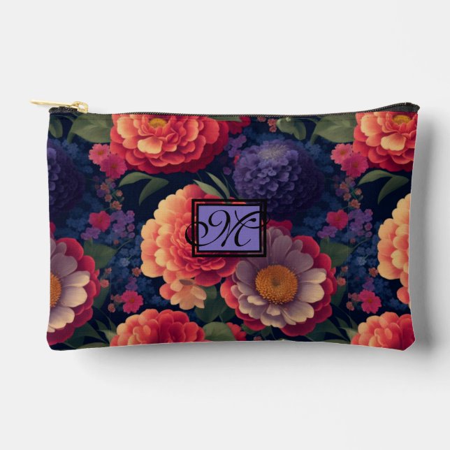 Elegant orange red floral romantic monogram  accessory pouch (Front)