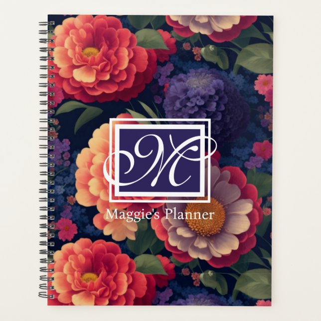 Elegant orange red floral romantic monogram  planner (Front)
