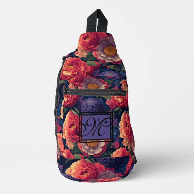 Elegant orange red floral romantic monogram  sling bag (Front)