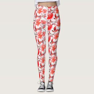 Elegant Orange Red Peach Rose Flower Leggings