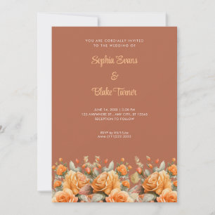 Elegant Orange Rose Garden Brown Wedding Invitation