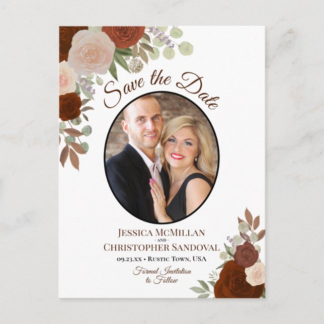 Elegant Orange Roses & Photo Wedding Save the Date Announcement Postcard (Front)