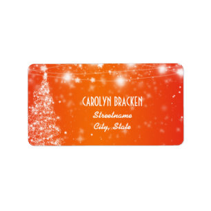 Elegant Orange Shimmering Stars Christmas Tree Label