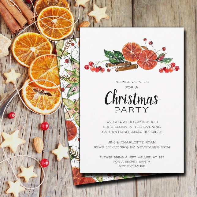 Elegant Orange Slices and Cinnamon Christmas Invitation (Orange slices, berries, cinnamon sticks Christmas invitations, PRINTED and/or INSTANT DOWNLOAD)