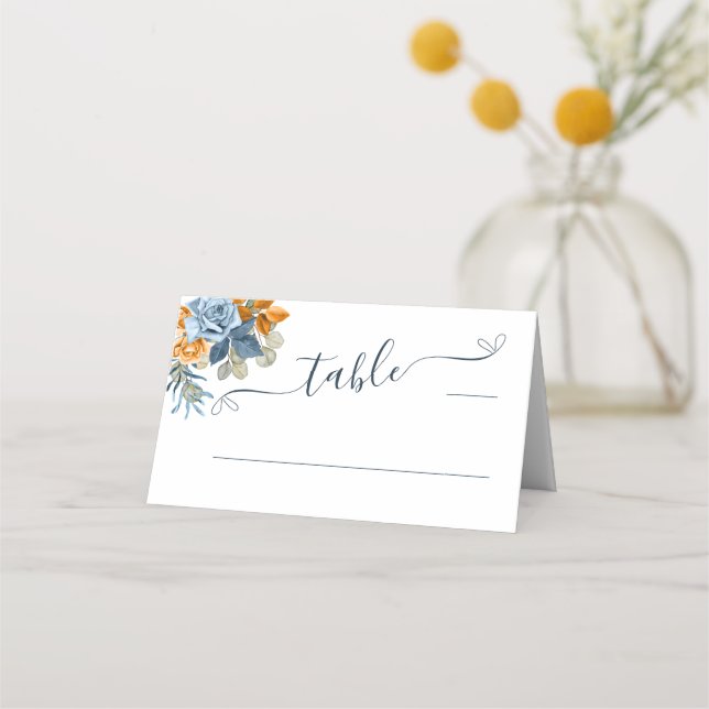  Elegant Orange Terracotta Navy Blue Rust Wedding Place Card (Front)