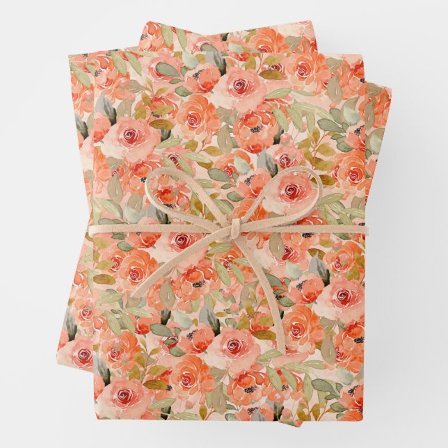 Elegant Orange Watercolor Floral  Wrapping Paper Sheet (In situ)