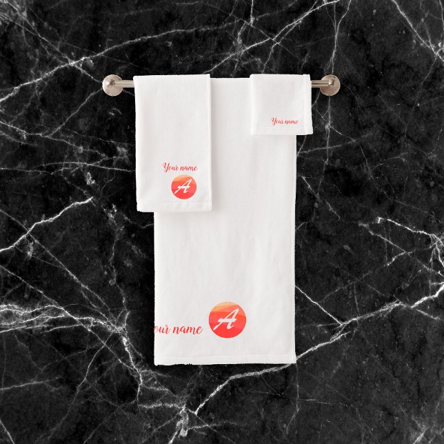 Elegant orange wavy circle monogram bath towel set (Creator Uploaded)
