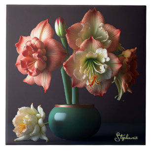 Elegant Orange White Amaryllis Flower Ceramic Tile