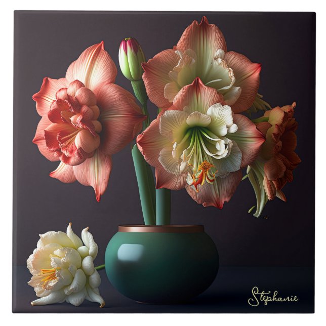 Elegant Orange White Amaryllis Flower Ceramic Tile (Front)