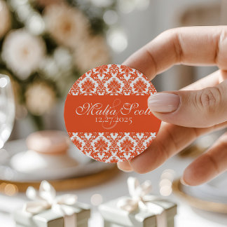 Elegant Orange White Damask Wedding Favour Classic Round Sticker