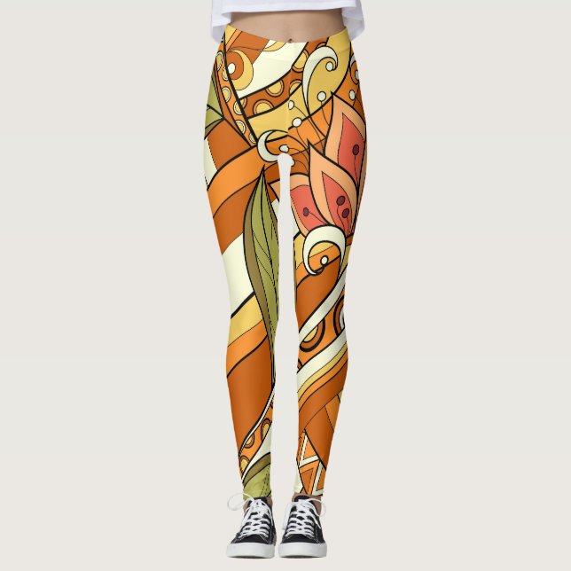 Elegant Orange White Flowers And Swirl Leggings (Front)