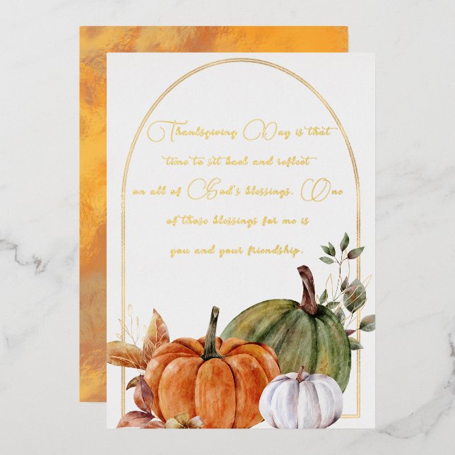 Elegant Orange White Green Pumpkins Gold Script Foil Holiday Card (Front/Back)