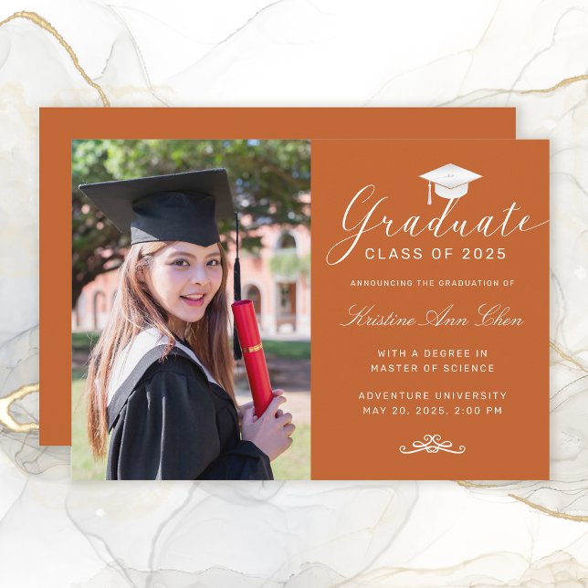 Elegant Orange White Script Cap Photo Graduation Announcement (Elegant Orange White Script Cap Photo Graduation Announcement)