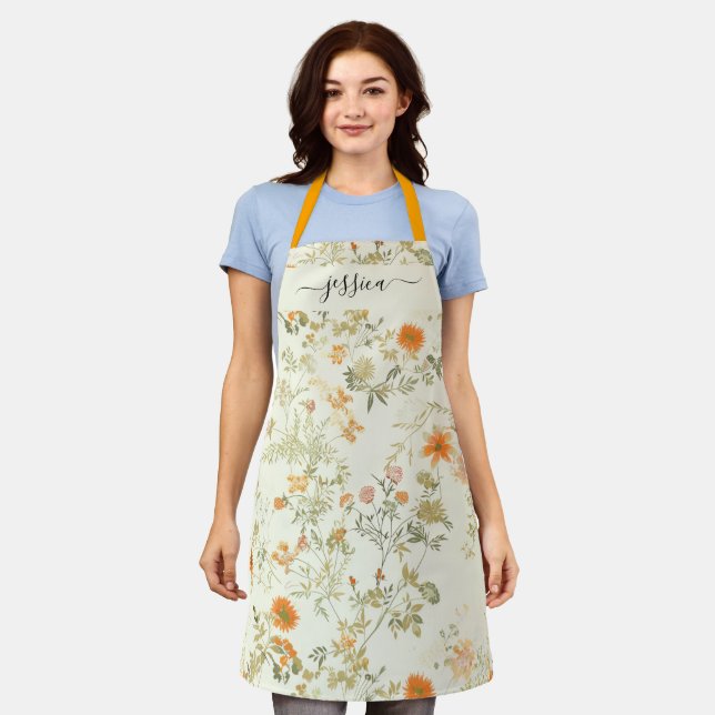 Elegant orange wildflowers script name apron (Worn)