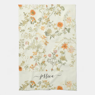 Elegant orange wildflowers script name tea towel