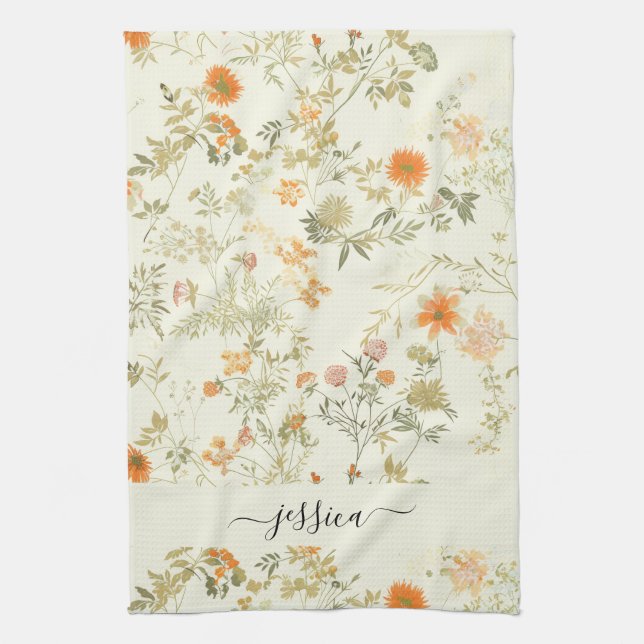 Elegant orange wildflowers script name tea towel (Vertical)