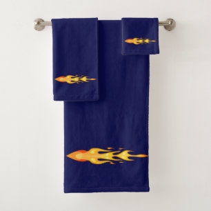 Elegant Orange Yellow Fire Flame on Navy Blue Bath Towel Set