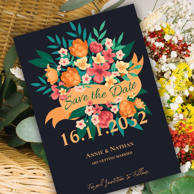 Elegant Orange & Yellow Floral Save the Date Card  (Chic Orange Yellow Florals Wedding Save the Date Invitation)