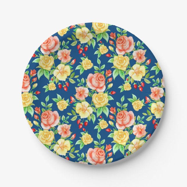 Elegant Orange Yellow Rose Floral Pattern Paper Plate (Front)
