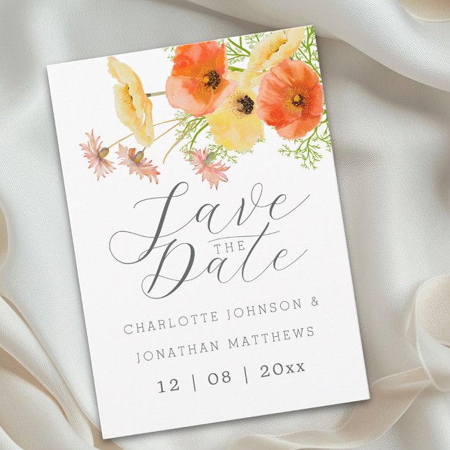 Elegant Orange & Yellow Wildflower Wedding Save The Date (Elegant script watercolor wildflower yellow & orange floral wedding save the date invitation)