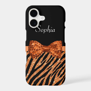 Elegant Orange Zebra Print FAUX Glitz Bow and Name