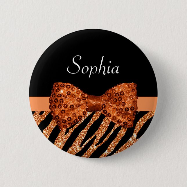 Elegant Orange Zebra Print FAUX Glitz Bow and Name 6 Cm Round Badge (Front)
