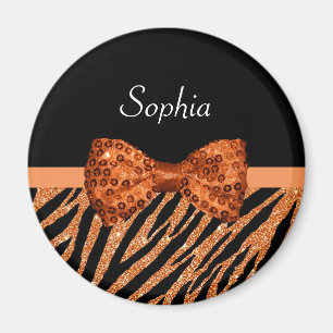 Elegant Orange Zebra Print FAUX Glitz Bow and Name Magnet
