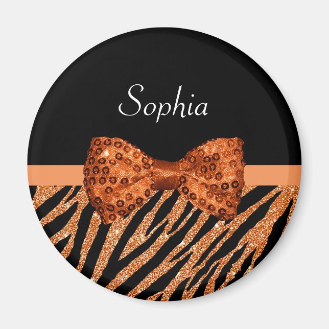 Elegant Orange Zebra Print FAUX Glitz Bow and Name Magnet (Front)